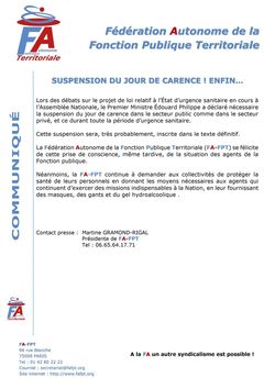 SUSPENSION DU JOUR DE CARENCE ! ENFIN...   