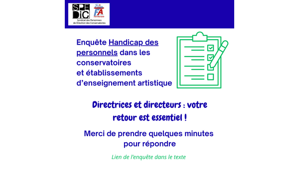 Enquête : Handicap des personnels dans les conservatoire et établissements d'enseignement artistique
